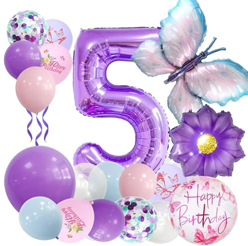 Afritee Schmetterling Ballon 5. Geburtstag MäDchen-Lila Geburtstagsdeko 5 Jahre Junge Luftballon 5. Geburtstag Geburtstagsdeko 5 Jahre MäDchen Schmetterling Sonnenblume Happy Birthday Ballons