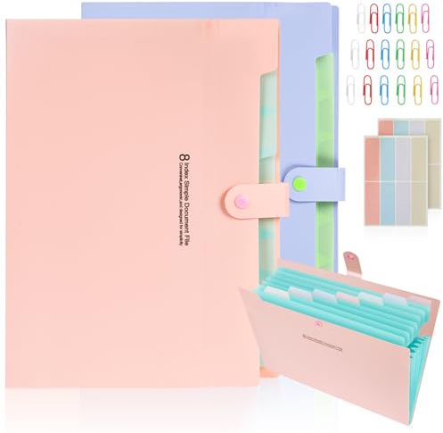 AUAUY 2 Stück Fächermappe, Ordnungsmappe A4, Erweiterbare Aktenordner mit 8 Fächer, Document Folder, Grosse Kapazität Aktenordne, Document Organizer für Zuhause Büro Schule Und Auf Reisen (Rosa+Lila)
