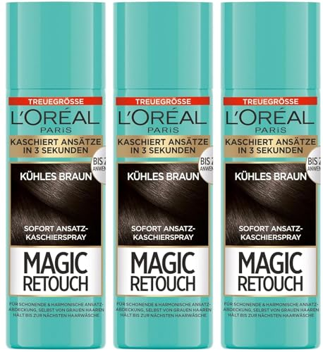 L'Oréal Paris Magic Retouch Ansatz-Kaschierspray Kühles Braun, für stufenlose und natürliche Übergänge, Kaschiert Ansätze bis zur nächsten Haarwäsche, 3er Pack (3 x 90 ml)