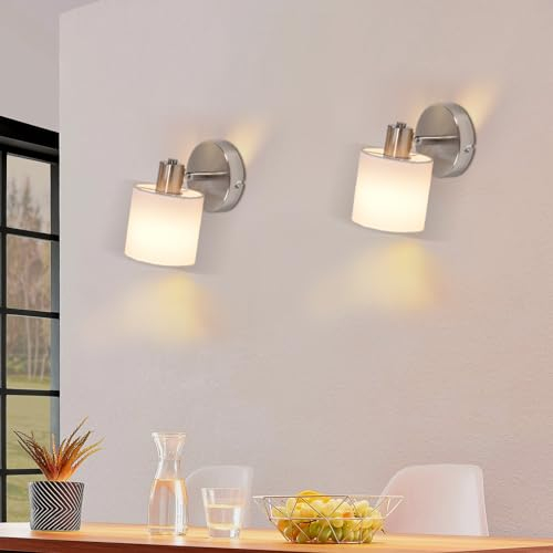 Glitzerlife Wandleuchte Innen Wandstrahler Vintage - 2ER Wandlampe Wandspot Retro E14 Schwenkbar Wandbeleuchtung Wand Lampen Industrial Stoffschrim MAX.40W Silber für flur Küche ohne Leuchtmittel