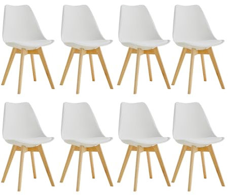 TTATC Pack de 8 Sillas de Comedor con Patas de Madera Maciza de Haya, Sillas de Cocina de Diseño Nórdico Sillas de Oficina de Madera con Asiento Acolchado, Blanco
