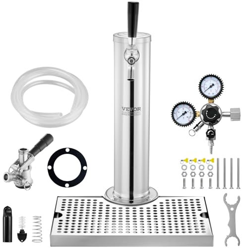 VEVOR 1TJZQBFPQGZDSP-D-US Single Tap Kegerator Conversion Kit, Stainless Steel Tower Dispenser with Dual Gauge CGA320 Regulator & D-System Keg Coupler, Beer Drip Tray for Party Home, 304, Silver