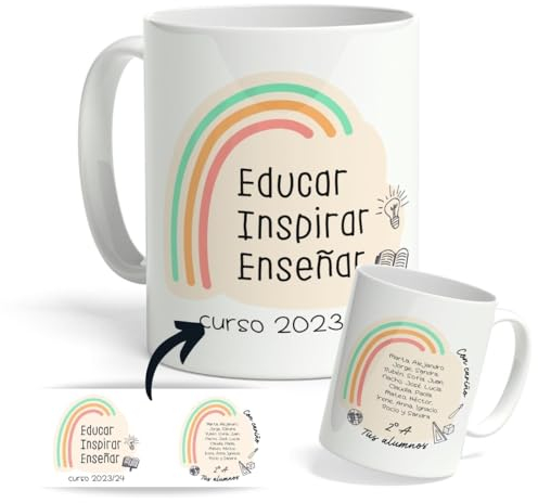 DEREGALOOS Taza Personalizada con nombre para Profesores. Tazas de Desayuno personalizada Profesores. Regalo Original para Profes. Regalos Profes Navidad. (Educar, inspirar enseñar)
