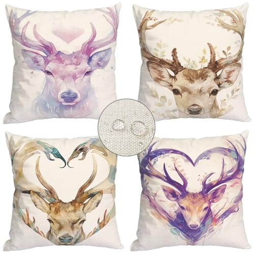 Kissenbezug 35x35cm 4er Set Hirsch Lila Deko Kissen Outdoor Kissenbezüg,Quadratisch Dekokissen Sofakissen Bezug,Leinen Zierkissenbezug Kissenhülle für Garten Wohnzimmer Schlafzimmer Sofa Auto x-7