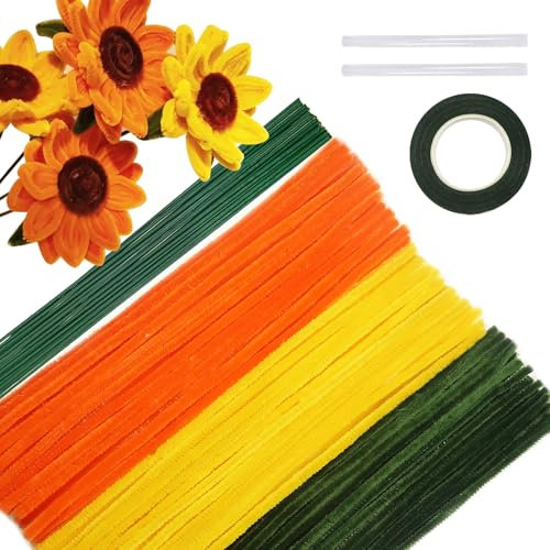 TOAOB 200 Piezas Limpiador de Pipas Amarillo Naranja y Verde Hierba Colores con Alambre de Flores y Cinta de Flores Chenille Tallos para Decoración de Ramos de Girasol y Proyectos de Manualidades