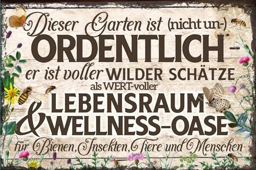 LUCKYLINDE - Wetterfestes Blechschild, Gartenschild – Dieser Garten ist nicht unordentlich, es ist eine Wellnessoase für Bienen – lustiger Spruch, 20 x 30 cm