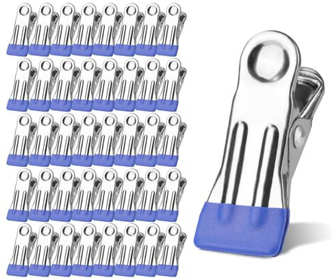 40pcs Winter Pool Cover Clips, Premium Stainless Metal And PVC Glue Swimming Pool Cover Clips Above Ground Pool Cover Clamps for Towel Clothes Pegs Camping Clip Food Seal(Blue, Silver)