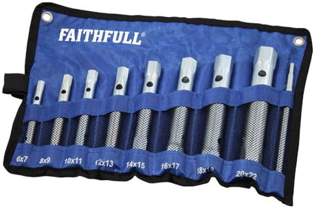 Faithfull Double Ended Box Spanner Set – 8 Piece, 16 Sizes (6 – 22mm) Spanner Kit with Tommy Bar & Storage Roll for Mechanics, Plumbers & Automotive Repairs