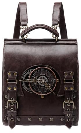 Punk Rucksack – Retro Steampunk Laptop Rucksack, Antik Stil Rucksack | Große braune PU Leder Tasche | Gothic Reiserucksack für Frauen, Vintage inspirierte mittelalterliche Ausrüstungstasche, Punk-Stil