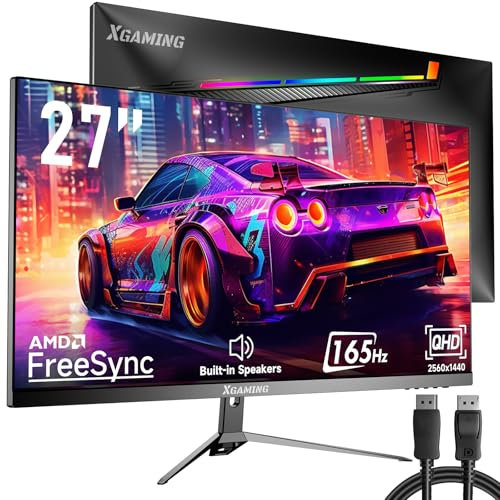 memzuoix 27 Gaming Monitor, QHD 2560×1440p, 144Hz/165Hz 100% sRGB, 1ms, FreeSync, HDMI & DisplayPort×2, Built-in Speakers and Rainbow LED Light, VESA Mount, Black