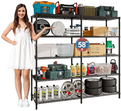 KZOBYD Heavy Duty Garage Shelving Unit 5-Tier Metal Shelving Unit Adjustable Standing Shelf Units Kitchen Storage Unit Shelving Units for Storage Large Storage Rack Wire Pantry Shelves(7435-10B)