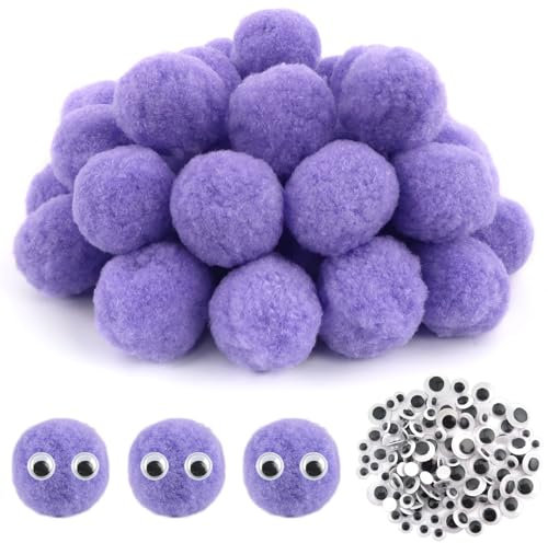 TOAOB 50 Stück Pompons zum Basteln Groß 5 cm Lila Pompom Flauschigen Plüsch set Bälle Kunst Bommel mit Selbstklebend Wackelaugen für Dekorieren Verzieren Nähen DIY Lustige Kreativen Handwerk