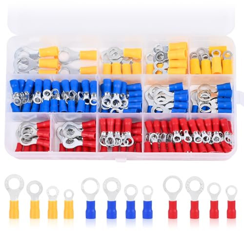 Gaethra Kabelschuhe 180 Stücke, 0.5-6.0mm² Ringkabelschuhe Set, Quetschverbinder 12 Größe aus Verzinnten Messingeinsätzen für Garagen, Autoteile, Werkstätten