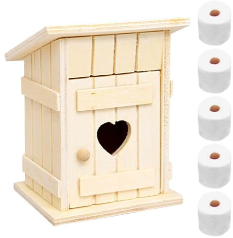 CQQNIU 1 Piece Mini Birdhouse And 5 Rolls Of Mini Toilet Paper, Simulated Wooden Birdhouse, Dollhouse Accessories, Miniature Model Toys