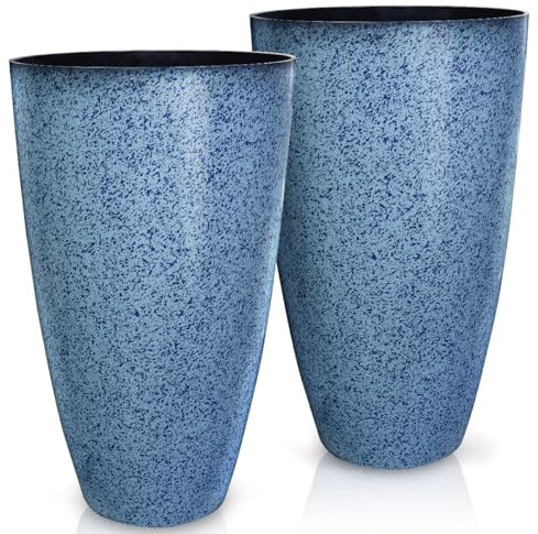 Megawodar 2 Pcs Pack 21 Inches Plastic Resin Tall Tapered Planter Pots Large Round Planter Flower Pot with Drainage Holes for Indoor Outdoor Deck Porch Garden Home Patio Front Door (Blue, L)