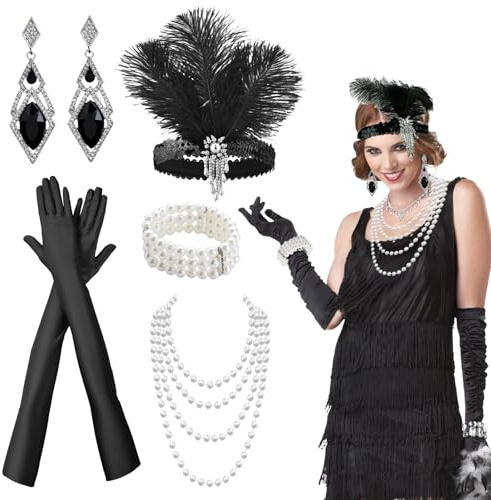 VPB 20er Jahre Accessoires Damen,1920 Zubehör Set Great Gatsby Party Kostüme Set mit Stirnband,Armband,Handschuhen,Halskette,Ohrringe für Karneval Halloween