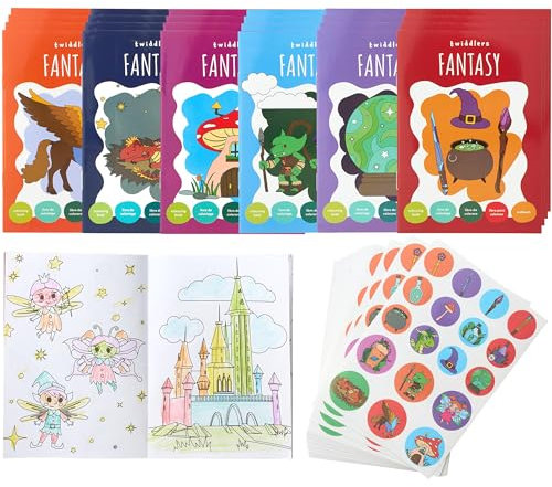THE TWIDDLERS 24 Mini-Malbücher für Partytüten, mit Aufklebern - Fantasy-Thema, A6 Mini-Bücher für Kinder, Alter 4-8, perfekte kleine Malbücher für Partytüten-Füller-Geschenke