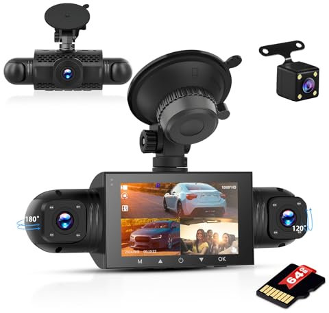 Inefala Full HD 1080P Dash Cam avec caméra de Voiture 360° à Quatre canaux, 3 Pouces Screen avec 64GB Memory et 8 IR Night Vision, Travel Recorder with G-Sensor and Parking Monitor