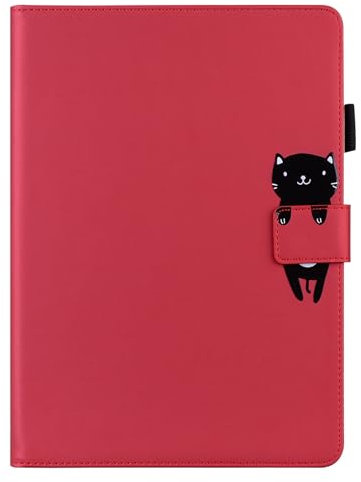 DayQiQiPu Funda Tableta para Amazon Fire HD 8 (8.0 Pulgadas, 6th/7th/8th Gen, 2016/2017/2018) Gato Patrón PU cuer Carcasa para magnético Flip con Ranuras para Tarjetas y Soporte Cubierta Rojo