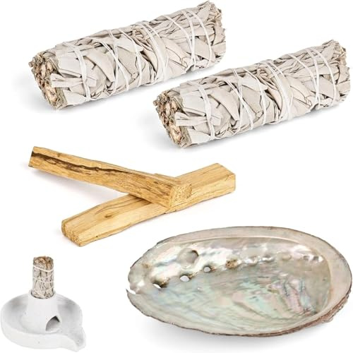 2 Weißer Salbei und 2 Palo Santo Premium Kalifornischer, Abalone-Muschel, 100% kontrollierte und nachhaltige Ernte, Räucherset Beseitigt Negative Energien, für energetische Rituale