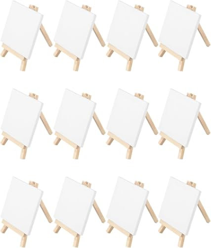 12 Pcs Mini Chevalet avec Toile Peinture,10 x 10 cm, avec chevalet de 8 x 15 cm, pour affichage, cartes de visite, photos, posters, mémo, travaux manuels, albums phot