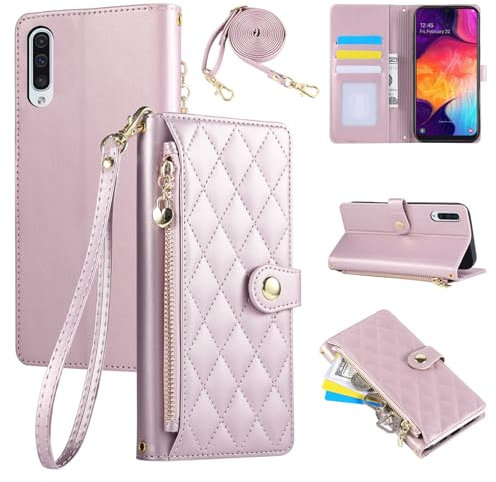 Rosbtib Étui pour Samsung Galaxy A50/A50s/A30s 6.4 Pouces, Coque pour téléphone Portable en Cuir PU avec Broderie en Losange, Galaxy A50 Étui à Rabat avec dragonne et bandoulière, Rose