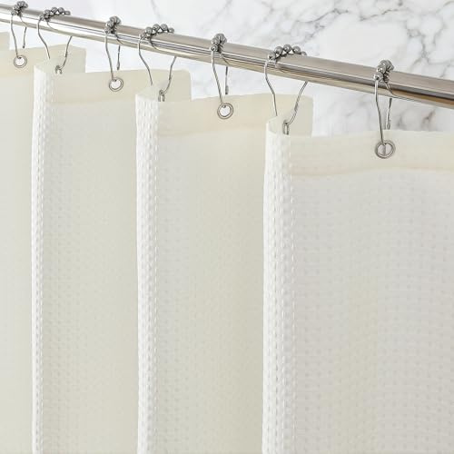 Wasserdichter Waffel Duschvorhang Textil 180 x 180 cm, 260 GSM Hochwertiger Schwerer Stoff, Anti-Schimmel Badevorhang mit 12 Edelstahlhaken, Luxus Hotel Spa Stil, Maschinenwaschbar, Beige