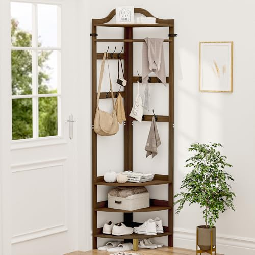 AMBIRD Bamboo Corner Coat Rack with Bench, 4-Tier Shoe Storage with 10 Hooks & Clothes Rod, Freestanding Hall Tree Unit for Entryway, Hall, Bedroom, Living Room