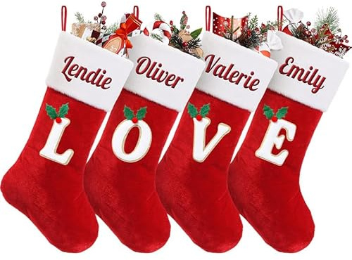 Weihnachtsstrumpf Personalisiert Nikolausstrumpf mit Buchstaben&Namen 46cm | wiederverwendbar Weihnachtsdeko zum Aufhängen & Befüllen für Kamin, Tür & Baum, Samt Plüsch , Geschenk für Familie Kinder