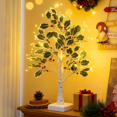 Nexoria Weihnachtsdeko LED Baum Lichter, Weihnachten Deko Lichterbaum Bäumchen Birken Lichterbaum mit Blätter Deko Weihnachtsdeko Tisch für Tisch Innen