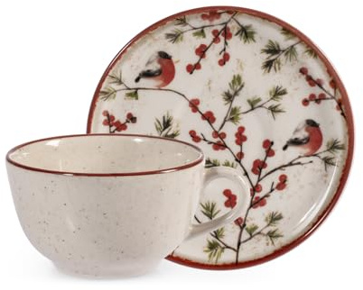 H&H Set 2 Teetassen Red Delight mit Untertassen, 200 ml – Elegante Tassen aus Steinzeug mit roten Beeren und Rotkehlchen, Perfekt für Winter & Festtage