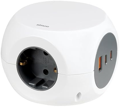 SIMON COMBIBALL REGLETA 6 Tomas USB-C Carga RAPIDA 30W Blanco | 3 enchufes 16A toma tierra + 1 USB-A y 2 USB-C. Cable 1,4 m, adhesivo antideslizante. Color blanco.