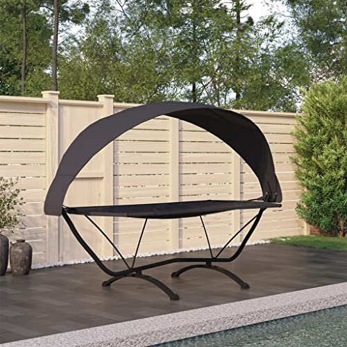 IBUQDDV Outdoor-Loungebett mit Dach Schwarz Stahl und Oxford-Stoff für Balkon Garten Terrasse, Robuste Hängematte mit Gestell, Abnehmbares Sonnendach, Wetterfester Loungebereich