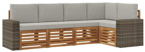 vidaXL Ecksofa Set 5 pcs Natürlich und Hellgrau Massivholz Akazie, Garten, modernes Ecksofa, Möbel für draußen, Loungesessel, Bequeme Terrassensitzgruppe