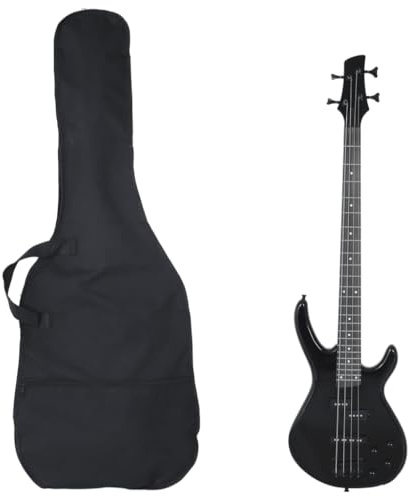 QUAHEAS Basso elettrico per principianti 4/4 46, nero, con custodia e accordatore, in legno di betulla massiccio, con tracolla per plettro e cavo audio per lezioni musicali e palcoscenico