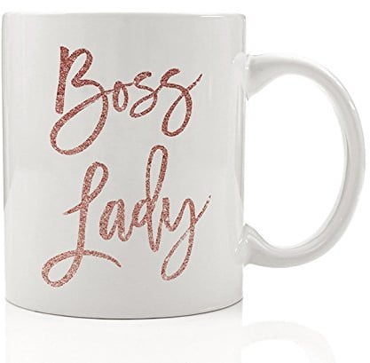Boss Lady Coffee Mug Faux Pink Glitter Inspirational Motivational Coffee Mugs with Sayings Empowered Woman Gift for Entrepreneur Coworker or Office