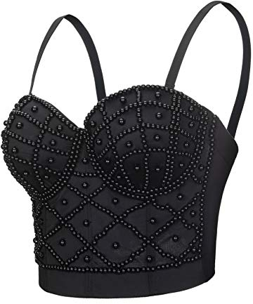 Woboren Damen Strass Push Up Bustier Crop Top Gothic Punk Korsett Clubwear Party BH (Schwarz, S)