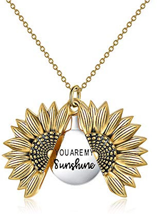 VONALA Sunflower Necklace for Women You are My Sunshine Engraved Locket 925 Sterling Silver Necklace (Yellow Gold Plated)