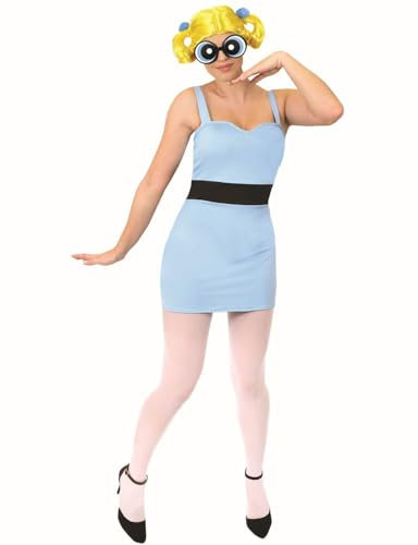 Ladies Powerpuff Girl Bubbles Costume - Small - Blue Dress with Black Stripe, Wig, Glasses, White Tights - Adults Cartoon TV Show Fancy Dress Costume