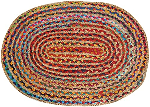 RAJRANG BRINGING RAJASTHAN TO YOU Chindi Jute Teppich Oval Jute Rug Baumwolle Handgewebter Mehrfarbenboden Chindi Matte für Wohnkultur Boho Dekorativ 152 x 91 cm