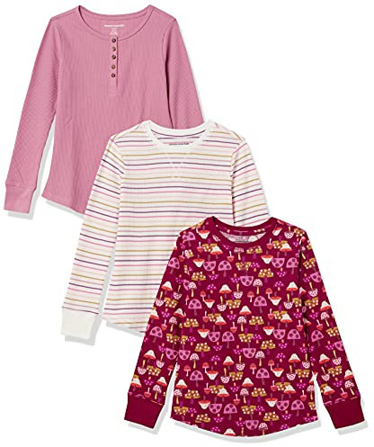 Amazon Essentials T-shirt thermique en maille à manches longues Fille, Lot de 3, Blanc Rayures/Bordeaux Champignon/Rose, 9 ans