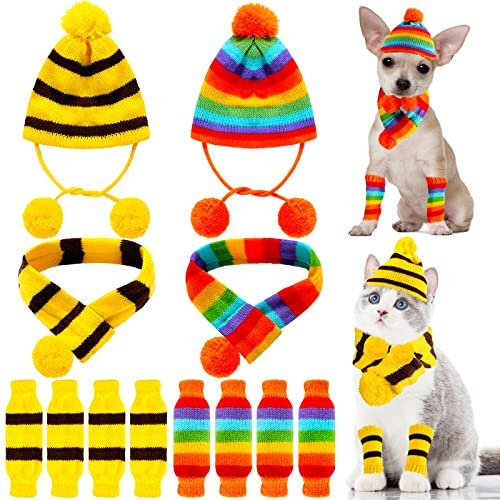 Saintrygo 12 Pieces Pet Winter Set Leg Warmers for Cat Dog Pet Knitted Scarf Hat Leg Warmers Winter Striped Knitted Hat Leggings for Puppy Cat Winter Costume, S