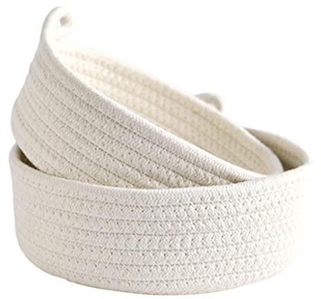 perfk 2Pcs Round Small Woven Baskets Set, Gifts Storage Closet Mini Tray Bins Organizing Cotton Rope Basket for Drawer, Door Nursery - White
