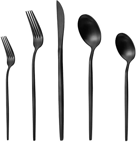 LAZAHOME Besteck-Set, mattschwarzes Besteck-Set, Edelstahl-Besteck-Set für 4, 20-teiliges Küchenutensilien-Set enthält Löffel und Gabeln, satiniert, spülmaschinenfest.