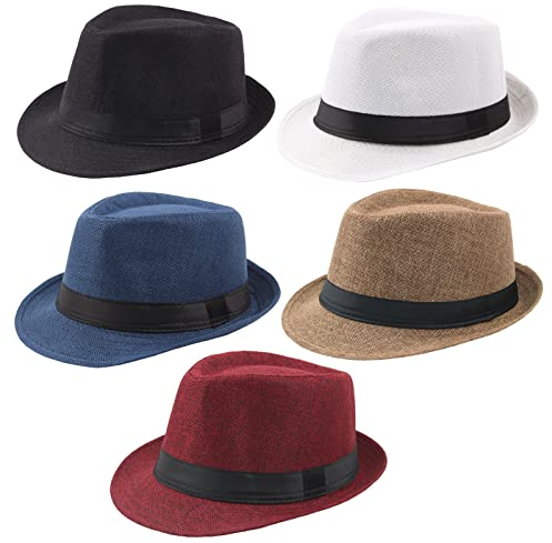 Ultrafun Lot de 5 chapeaux Fedora à bord court pour l'été, la plage, le soleil panama pour homme et femme (taille M, L), Lot de 5 - noir + blanc + kaki + bleu + rouge vin, Taille L