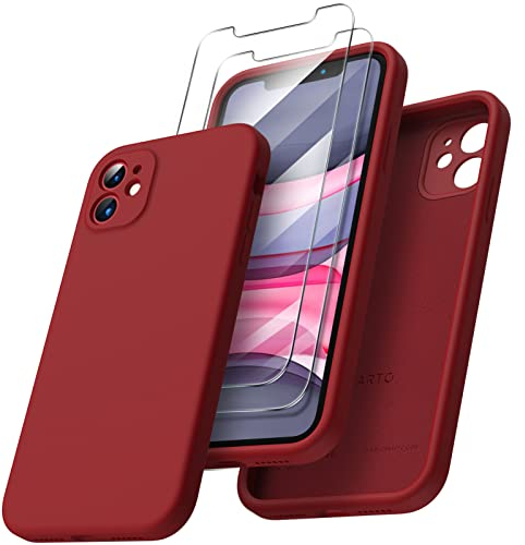ORNARTO Coque pour iPhone 11, Coque en Silicone (pour iPhone 11) (6,1) avec 2 Verres Trempés, Étui iPhone 11 Protection Complète, Housse au Bord Carré Antichoc - Rouge