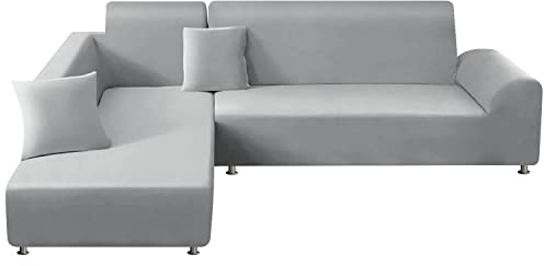 ShowyLive Sofa Überzug Couch Überzug 2er Set für Ecksofa L-Form Sofabezug 3 Sitzer+4 Sitzer, mit 2 Stück Kissenbezug, Hellgrau