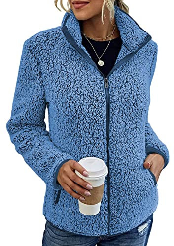 shownicer Donna Giacca con Cerniera Integrale in Pile Manica Lunga Casuale Giacca Tinta Unita Caldo Cappotto con Tasche Autunno Invernali A Azzurro M