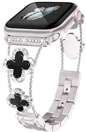 Replacement Straps for Apple Watch 44mm 38mm, Bling Women Crystal Rhinestone Adjustable Stainless Steel Four Leaf Clover Metal Bracelets for iWatch Series SE 7 8 6 5 4 3 2 1