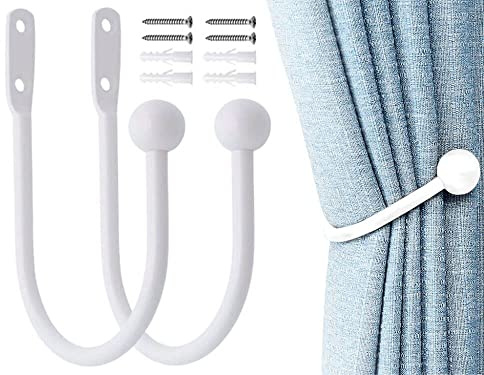 Hitopin 2PCS Metal Curtain Holdback Hooks Decorative Drapery Holdbacks Hooks Round Head U Style Metal Curtain Holdbacks Hooks Wall Mounted Curtain Tie Backs Hooks, for Fixed Curtain (White)